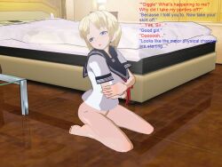 3d 3d_custom_girl bare_legs barefoot bed bimbofication blonde_hair blue_eyes bottomless brain_drain femsub good_sub_conditioning henshin-san hypnotic_drug maledom school_uniform short_hair sitting text transformation undressing rating:Explicit score:18 user:RayX