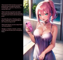accent ai_art angry breasts caption choker cleavage earrings english_text femsub large_breasts looking_at_viewer manip nail_polish original phone pink_hair ponytail stable_diffusion_(ai) tan_skin text turning_the_tables rating:Explicit score:79 user:WMTX