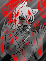 blood body_markings breasts cat_ears cat_girl drool fangs large_breasts long_tongue original pon_(polishguy+porniky) porniky red_eyes symbol_in_eyes text rating:Questionable score:36 user:PolishGuy