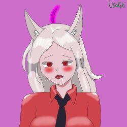 cerberus_(helltaker) dazed demon_girl drool expressionless female_only femsub helltaker long_hair monster_girl open_mouth usakiki white_hair rating:questionable score: user:usakikiartist