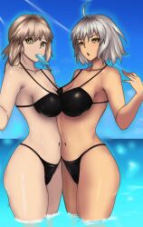 a_string bikini breast_press breasts brown_hair cleavage dark_skin fate/grand_order fate_(series) jeanne_alter large_breasts midriff popsicle saber_alter short_hair silver_hair symmetrical_docking rating:Questionable score:49 user:TheGoodShank