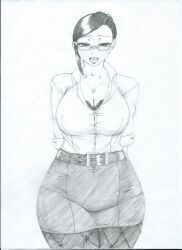 black_hair blush breasts cleavage cullingangelmiyata earrings empty_eyes femsub glasses greyscale jewelry large_breasts looking_at_viewer necklace open_mouth original pov pov_dom short_hair sketch traditional rating:Questionable score:18 user:TheGoodShank