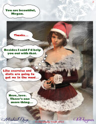 3d absurdres boots brown_eyes brown_hair christmas comic fishnets hat lingerie mistralonyx original poser santa_hat standing text thighhighs thought_bubble underwear vvrayven rating:Questionable score:8 user:VVrayven