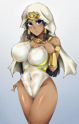 belmondo_uozumi black_hair blue_eyes bracelet breasts dark_skin egyptian female_only hair_ornament ishizu_ishtar jewelry large_breasts leotard long_hair looking_at_viewer makeup navel necklace see-through veil yu-gi-oh! rating:Questionable score:35 user:Ex_Mastermind
