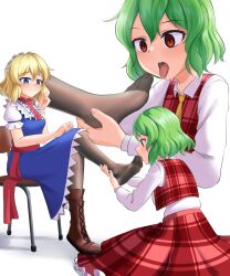alice_margatroid barefoot blonde_hair blue_eyes boots bow chair dress drool empty_eyes feet female_only femsub foot_licking green_hair kneeling licking maid_headdress maozi_dan open_mouth red_eyes shirt short_hair simple_background sitting thighhighs tongue tongue_out touhou vest white_background yuuka_kazami rating:Questionable score:54 user:sonicfan150