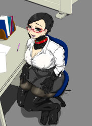 absurdres black_hair blush breasts chair cleavage collar cullingangelmiyata earrings empty_eyes glasses happy_trance jewelry large_breasts latex makeup original ponytail short_hair sitting thighhighs rating:Questionable score:28 user:TheGoodShank