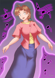 breasts brown_hair delia_ketchum female_only glowing gradient_background hadant hypnotic_audio hypnotic_music large_breasts long_hair magic nintendo open_mouth pokemon pokemon_(anime) shrunken_irises signature simple_background solo rating:Questionable score:13 user:TheGoodShank