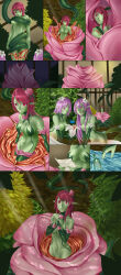 absurdres breasts comic elf_ears gloves green_hair hypnotic_plant ibenz009 large_breasts liliraune long_hair monster_girl monster_girl_encyclopedia opera_gloves original pink_hair plant plant_girl red_hair short_hair tentacles rating:Questionable score:97 user:sk00