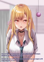 amagiri_miki blonde_hair blush breasts choker cleavage collarbone earrings empty_eyes expressionless femsub hard_translated large_breasts long_hair maledom marin_kitagawa my_dress-up_darling open_mouth pendulum red_eyes school_uniform text tie tongue translated rating:Safe score:21 user:roseateheart