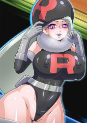 breasts corruption enemy_conversion female_only femsub happy_trance hat large_breasts latex melony_(pokemon) nintendo nun_(artist) pokemon pokemon_sword_and_shield silver_hair smile team_rocket rating:questionable score: user:itzugushi