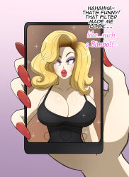 absurdres bimbofication blonde_hair breasts cell_phone cleavage female_only feminization femsub huge_breasts kobi94 large_lips long_hair makeup original pink_eyes solo text transformation transgender rating:Questionable score:95 user:RedCollarBlackCollar