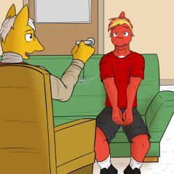 charmeleon empty_eyes furry fuzebox hypno male_only maledom malesub multicolored_hair nintendo open_mouth orange_hair pendulum pokemon short_hair therapist white_hair rating:Questionable score:7 user:captain_maxwell