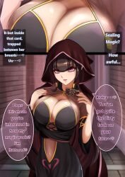 breasts brown_hair card charm_(spell) cleavage dialogue female_only femdom hard_translated heart hypnotic_breasts large_breasts mind_break nail_polish navel nisemono pink_eyes pov_sub robe seductive_smile text translated rating:Safe score:31 user:Bezerker