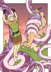 absurdres amazon_(dragon's_crown) bare_legs barefoot belt bikini blonde_hair braid closed_eyes coil_slide coils dragon's_crown efalabrino elf_(dragon's_crown) elf_ears feet female_only femsub forest gloves hair_ornament happy_trance light_skin long_hair outdoors shirt shorts sleeping smile snake tan_skin rating:Questionable score:18 user:efala