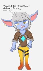alternate_costume cameltoe clothed crossover earrings femsub grey_hair jewelry league_of_legends open_mouth overwatch short_hair simple_background text tracer tristana violetriot yordle rating:Safe score:9 user:VioletRiot