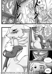 black_hair blush breasts comic digimon furry greyscale horse_girl large_breasts natsumemetalsonic pillow renamon short_hair text rating:Questionable score:28 user:TheGoodShank