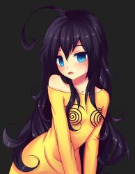 ahoge black_hair blue_eyes blush drool femsub hypno-tan kinkyloli long_hair open_mouth original spiral spiral_eyes symbol_in_eyes rating:safe score: user:kinkyloli