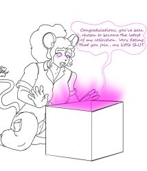 box clothed faust1173 female_only femsub freckles furry greyscale hypnotic_gas lineart mouse_girl original ponytail solo spiral_eyes symbol_in_eyes text rating:Questionable score:43 user:Sleepyhead97