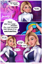 altered_perception aroma_sensei before_and_after blonde_hair blue_eyes bodysuit breasts charm_(spell) comic femsub freckles gwen_stacy happy_trance large_breasts maledom marvel_comics short_hair spider-gwen spider-man_(series) super_hero tech_control text unaware rating:Safe score:111 user:solucca