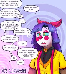 aware brushie_art clothed clown debbie_(brushie_art) drool femsub hypnovember multicolored_hair open_mouth original ring_eyes text rating:Safe score:61 user:Zzzzzulu