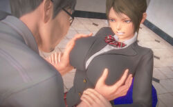 3d aihara_miki angry aware blue_eyes bow_tie breasts brown_hair groping large_breasts original ponytail qr school_uniform short_hair sitting skirt ugly_bastard rating:Questionable score:10 user:Disastermaster55