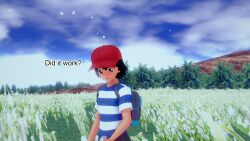 ash_ketchum aware backpack black_hair clothed dialogue male_only mustardsauce orange_eyes outdoors pokemon pokemon_(anime) solo text rating:Safe score:1 user:Bootyhunter69