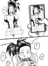 amano44 black_hair breasts censored cleavage clothed clothed_exposure confused cum cum_in_mouth fellatio femsub heterosexual hypnotic_accessory hypnotic_app maledom momo_yaoyorozu my_hero_academia oral penis phone rating:Explicit score:119 user:Bootyhunter69