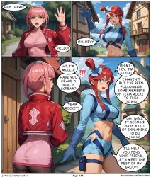ai_art ass devianbar dialogue large_breasts mollie_(pokemon) nintendo pink_hair pokemon red_hair short_hair skyla team_hypno text rating:Questionable score:2 user:Proyecto38