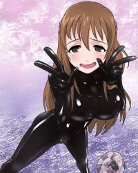 blush bodysuit brown_eyes brown_hair drool empty_eyes erect_nipples femsub happy_trance latex long_hair nana_mishima open_mouth radeon smile tears the_knight_in_the_area rating:Questionable score:25 user:hypno