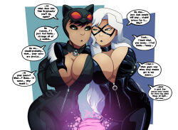 batman_(series) black_cat bodysuit breast_grab breasts catwoman choker cleavage collar dc_comics dialogue female_only femsub goggles goggles_on_head green_eyes groping hand_on_hip huge_breasts large_breasts manip marvel_comics nipple_play open_clothes ravenravenraven sexuality_change short_hair super_hero text tiechonortheal_(manipper) unaware western white_background white_hair yuri rating:Questionable score:406 user:tiechonortheal