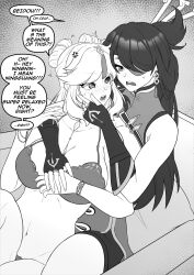 absurdres beidou black_hair blonde_hair blush breasts cleavage comic dialogue eshie female_only femdom femsub genshin_impact hand_on_another's_cheek large_breasts monochrome multiple_girls ningguang_(genshin_impact) sitting text trance_break yuri rating:Questionable score:69 user:Detour