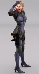 3d blonde_hair bobyshal bodysuit capcom drool femsub grey_background hand_on_head hand_on_hip jill_valentine multicolored_eyes nightmare_fuel open_mouth parasite ponytail red_eyes resident_evil resident_evil_5 shrunken_irises simple_background weapon rating:Safe score:5 user:VortexMaster