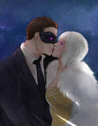  absurdres brown_hair everybery fur_coat glowing glowing_eyes heterosexual jaclyn_(corruptionprincess) kissing maledom mask mask_(darkmask) original purple_eyes short_hair suit white_hair  rating:safe score: user:darkmask