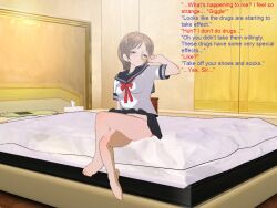 3d 3d_custom_girl bare_legs barefoot bed brown_eyes brown_hair crossed_legs feet femsub henshin-san hypnotic_drug maledom school_uniform short_hair text rating:Questionable score:8 user:RayX