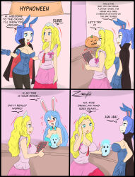 absurdres blonde_hair blue_hair blush bunny_ears bunny_girl bunnysuit cleavage collar comic cosplay crown drugged fangs femdom femsub glowing glowing_eyes halloween hypnotic_drink hypnotic_drug jack_o'_lantern jewelry large_breasts marie_axel_(zachary007) original princess princess_caelia_(kachopper9) sex_toy spiral_eyes symbol_in_eyes tech_control text vampire vibrator viltai_(viltai) zronku rating:Explicit score:50 user:viltai