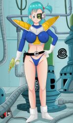 absurdres alternate_costume alternate_hairstyle blue_hair breasts bulma_briefs corruption dragon_ball dragon_ball_z femsub hypnotized_dom large_breasts mad_scientist memetic_control raygun see-through shablagooo smile thong rating:Questionable score:72 user:solddate