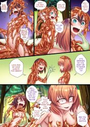 absurdres black_hair breasts brown_hair comic dialogue female_only flower forest green_skin ibenz009 large_breasts liliraune monster_girl nectar original speech_bubble text transformation yuri rating:Questionable score:20 user:sk00
