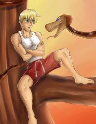 barefoot blonde_hair disney hypnotic_eyes jdashe kaa kaa_eyes male_only malesub shorts snake tank_top the_jungle_book rating:Safe score:13 user:jdashe