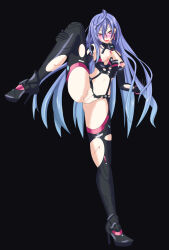 bezunamin blood blue_hair blush boots bottomless breasts corruption female_only femsub happy_trance high_heels hyperdimension_neptunia iris_heart long_hair plutia pussy standing_split tech_control thigh_boots thighhighs torn_clothes wounds yoga rating:Explicit score:13 user:hypno
