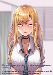 amagiri_miki blonde_hair blush breasts choker cleavage collarbone drool earrings empty_eyes expressionless eye_roll femsub hard_translated large_breasts long_hair maledom marin_kitagawa my_dress-up_darling open_mouth school_uniform text tie tongue translated rating:Safe score:34 user:roseateheart