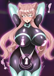 armpits arms_above_head aura blush bodysuit boots breasts bulge chastity cleavage corruption erect_nipples erect_nipples_under_clothes eye_roll futanari futasub gloves glowing high_heels huge_breasts japanese_text kuromaru latex leotard long_hair looking_at_viewer m.u.g.e.n. maria_cadenzavna_eve null_bulge open_mouth opera_gloves pad_lock pink_eyes pink_hair resisting rubber senki_zesshou_symphogear solo tech_control thick_thighs thigh_boots thighhighs tongue tongue_out trembling type_96 rating:Questionable score:16 user:VortexMaster