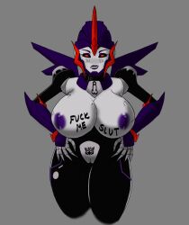  alternate_color_scheme arcee body_writing bottomless breasts corruption female_only large_breasts nobleseven20 nude red_eyes robot smile smirk text topless transformers transformers_prime  rating:explicit score: user:nobleseven20