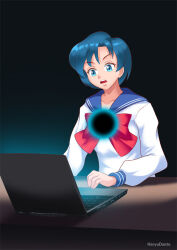 blue_hair breasts computer female_only gradient_background hadant large_breasts sailor_mercury sailor_moon_(series) school_uniform short_hair signature simple_background solo watermark rating:Questionable score:10 user:TheGoodShank