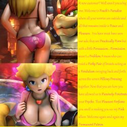 3d ass bikini blonde_hair bowser breasts caption femdom large_breasts logy_(manipper) looking_at_viewer malesub manip necklace nintendo pov pov_sub princess princess_peach super_mario_bros. swimsuit text urbanator rating:Questionable score:142 user:Logy