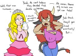 absurdres allison_(argonis) blonde_hair breasts cow_girl crown dezzy dress erect_nipples horns jewelry original princess princess_caelia_(kachopper9) red_hair tagme tail text white_background rating:Safe score:23 user:duckytheduck