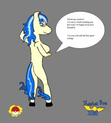  ass blue_eyes blue_hair daybreak empty_eyes epona femsub furry happy_trance linda nintendo ocarina_of_time pokemon ponyta text the_legend_of_zelda transformation  rating:questionable score: user:linda