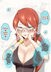blush breasts brown_eyes cleavage dialogue female_only femsub glasses hard_translated large_breasts lorelei na_shacho nintendo pokemon pokemon_firered_and_leafgreen red_hair sweat text translated rating:Questionable score:34 user:Zyfire