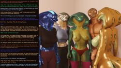 3d abs alien altered_common_sense arden_(thalarynth) aware baxie_(thalarynth) becca_(thalarynth) bottomless breasts caption clothed confused del_(thalarynth) furry humor large_penis lizard_boy manip multiple_doms multiple_subs muscle_boy nude original penis possession scalie snake_girl story tail text thalarynth_(manipper) topless unaware rating:Explicit score:23 user:Thalarynth