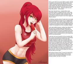 breasts caption cslucaris dazed empty_eyes female_only femsub happy_trance hypnoslave1095_(manipper) hypnotic_food large_breasts long_hair manip open_mouth ponytail popsicle pyrrha_nikos red_hair rwby simple_background text rating:Questionable score:130 user:hypnoslave1095