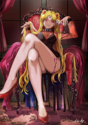  blonde_hair corruption crossed_legs evil_smile femsub hair_ornament happy_trance high_heels jewelry legs looking_at_viewer pink_eyes sailor_moon sailor_moon_(series) sitting smile thighs tricky twintails wine  rating:questionable score: user:noix